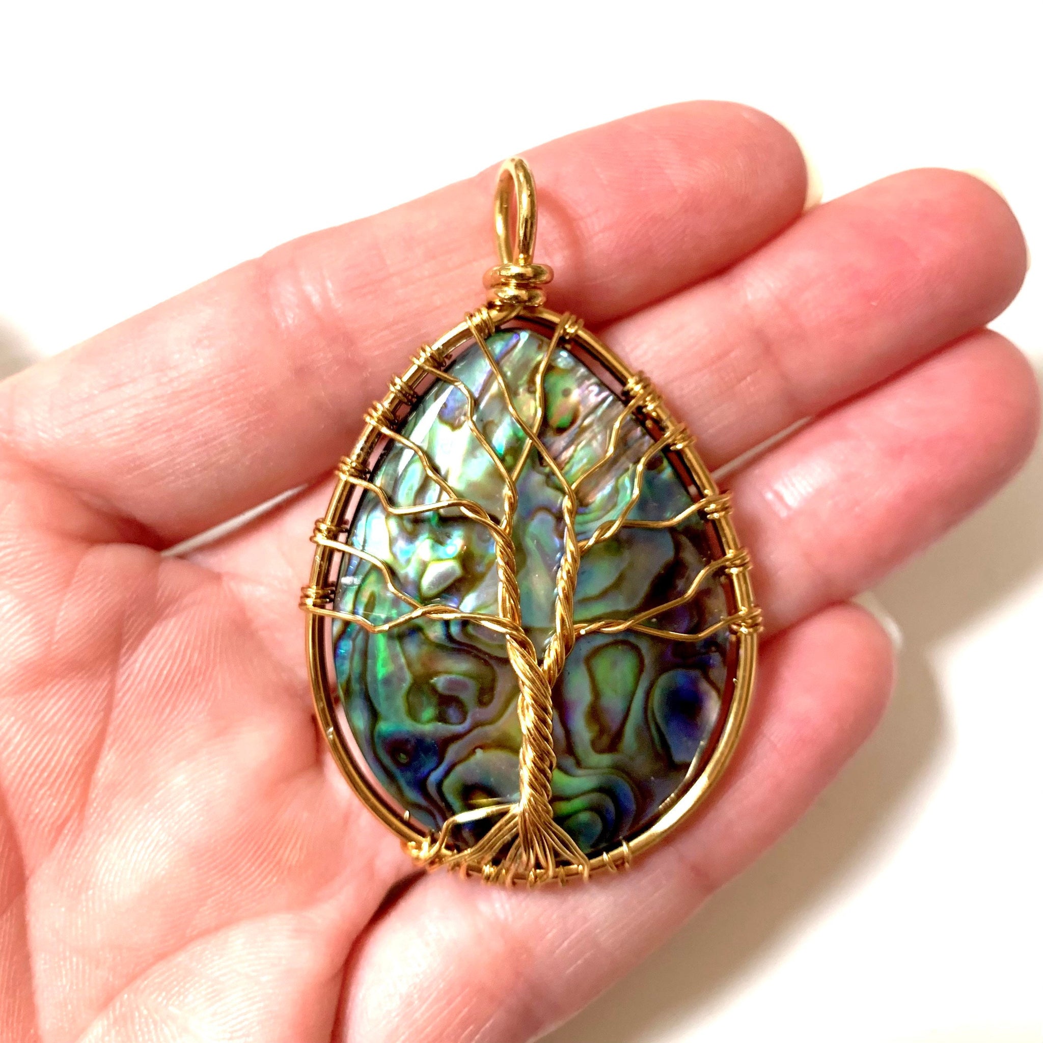 Handmade Abalone Shell Pendant- Gold Wire Wrapped Tree of Life Pendant