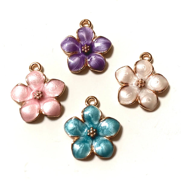 5 Oil Drop Flower Enamel Charms - Gold Finish - Blue/Pink/Purple/Pearl