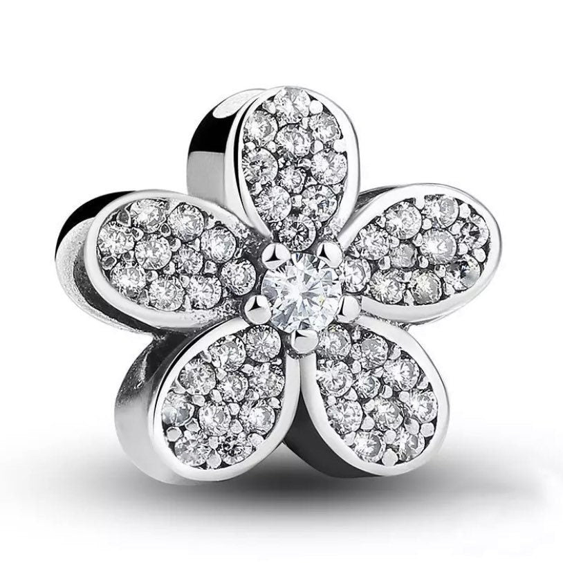 925 Sterling Silver Dazzling Daisy Charm w/ CZ Crystals - Fits Pandora Charm Bracelets