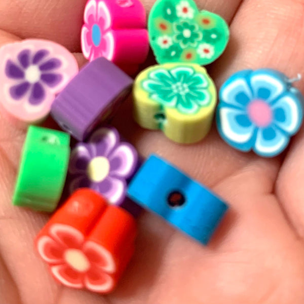 15 Polymer Clay Beads - Hearts and Flowers - 10mm Spacer Beads