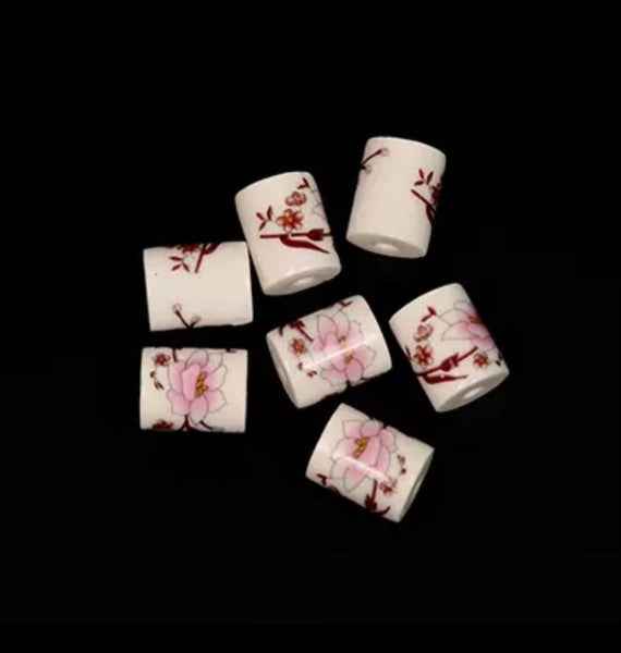 5 Ceramic Floral Cylinder Beads - Cherry Blossom Design