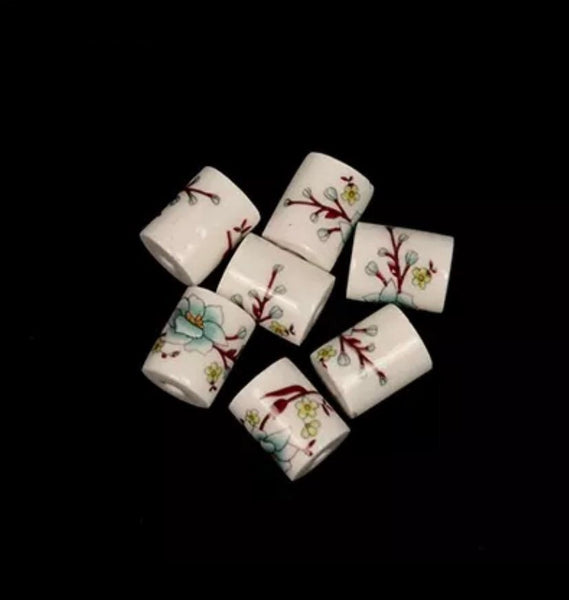 5 Ceramic Floral Cylinder Beads - Cherry Blossom Design