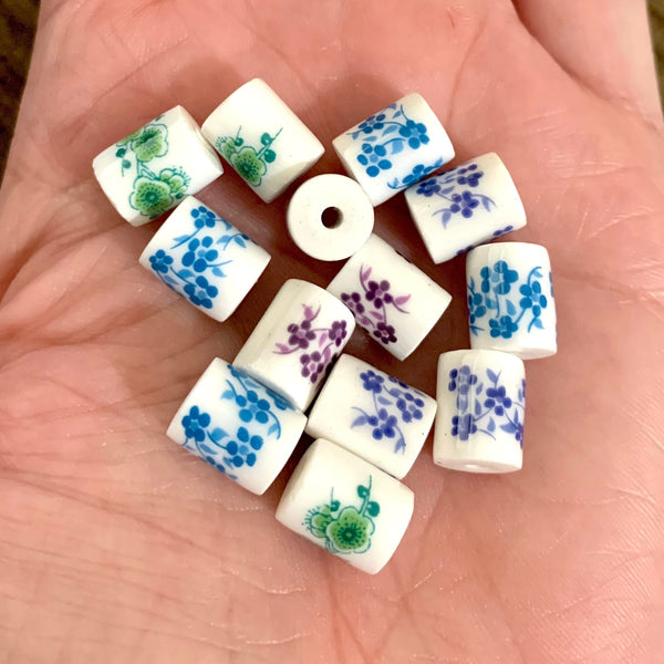 5 Floral Ceramic Cylinder Beads - 4 Colors/Designs