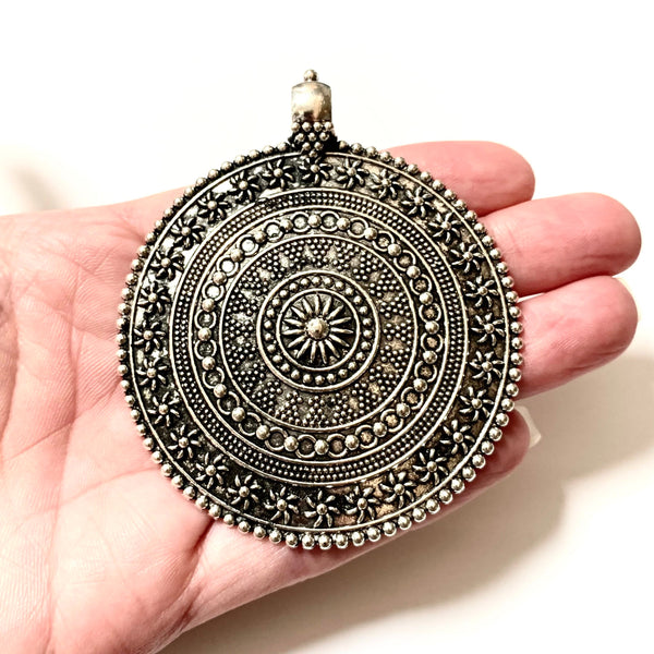 Antique Silver Boho Medallion Flower Pendant