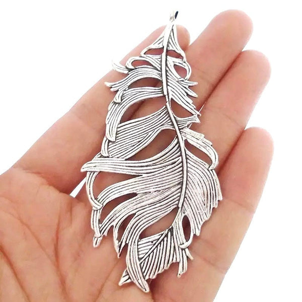 XL Feather Pendant - Antique Silver Finish - Beautiful Detail - 3D