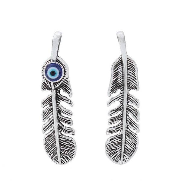 2 Feather Charms with Blue Turkish Eye Glass Inlays - Tibetan Silver
