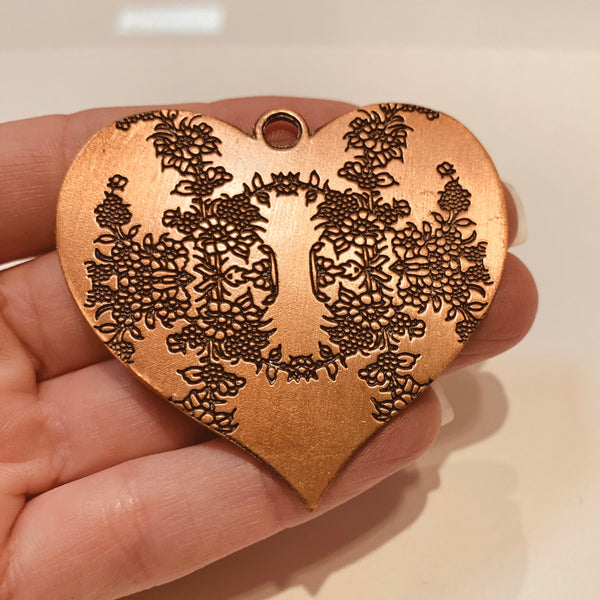 Copper Heart Pendant - RARE Tibetan Style Carved Flower Heart Pendant - Large