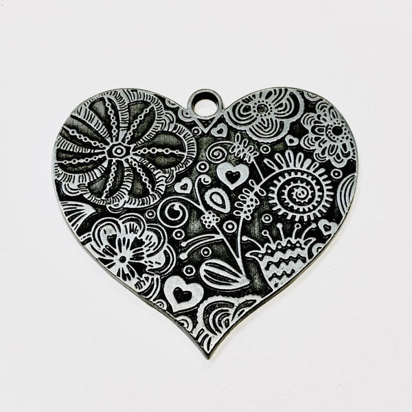 Tibetan Style Carved Flower Heart Pendant - Dark Antique Silver