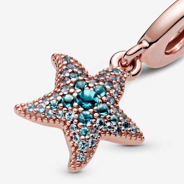 Sparkling Starfish Dangle Charm - 14k Rose Gold Plated - Fits Pandora Charm Bracelets