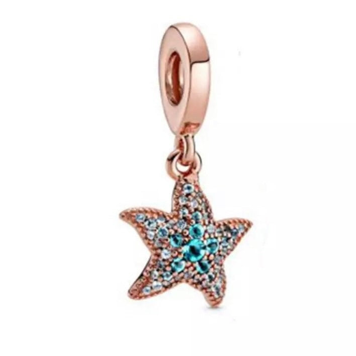 Sparkling Starfish Dangle Charm - 14k Rose Gold Plated - Fits Pandora Charm Bracelets
