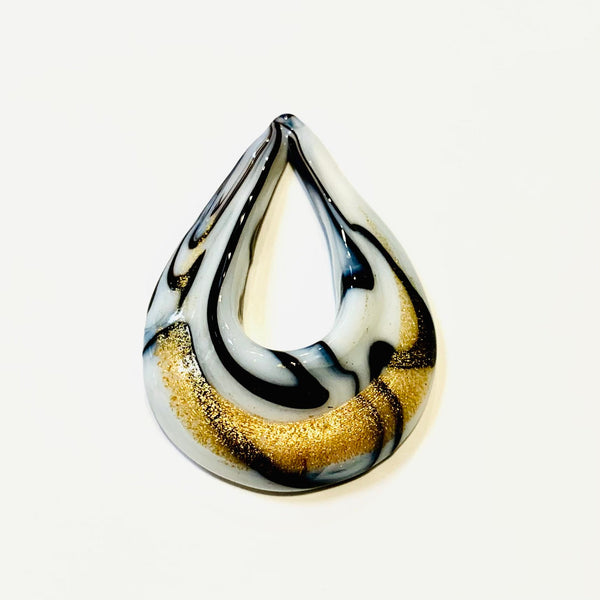 Large Gold Sand Lampwork Pendant - Handmade, White and black swirled, gold accent - Drop Pendant - Teardrop Pendant