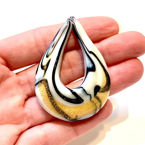 Large Gold Sand Lampwork Pendant - Handmade, White and black swirled, gold accent - Drop Pendant - Teardrop Pendant