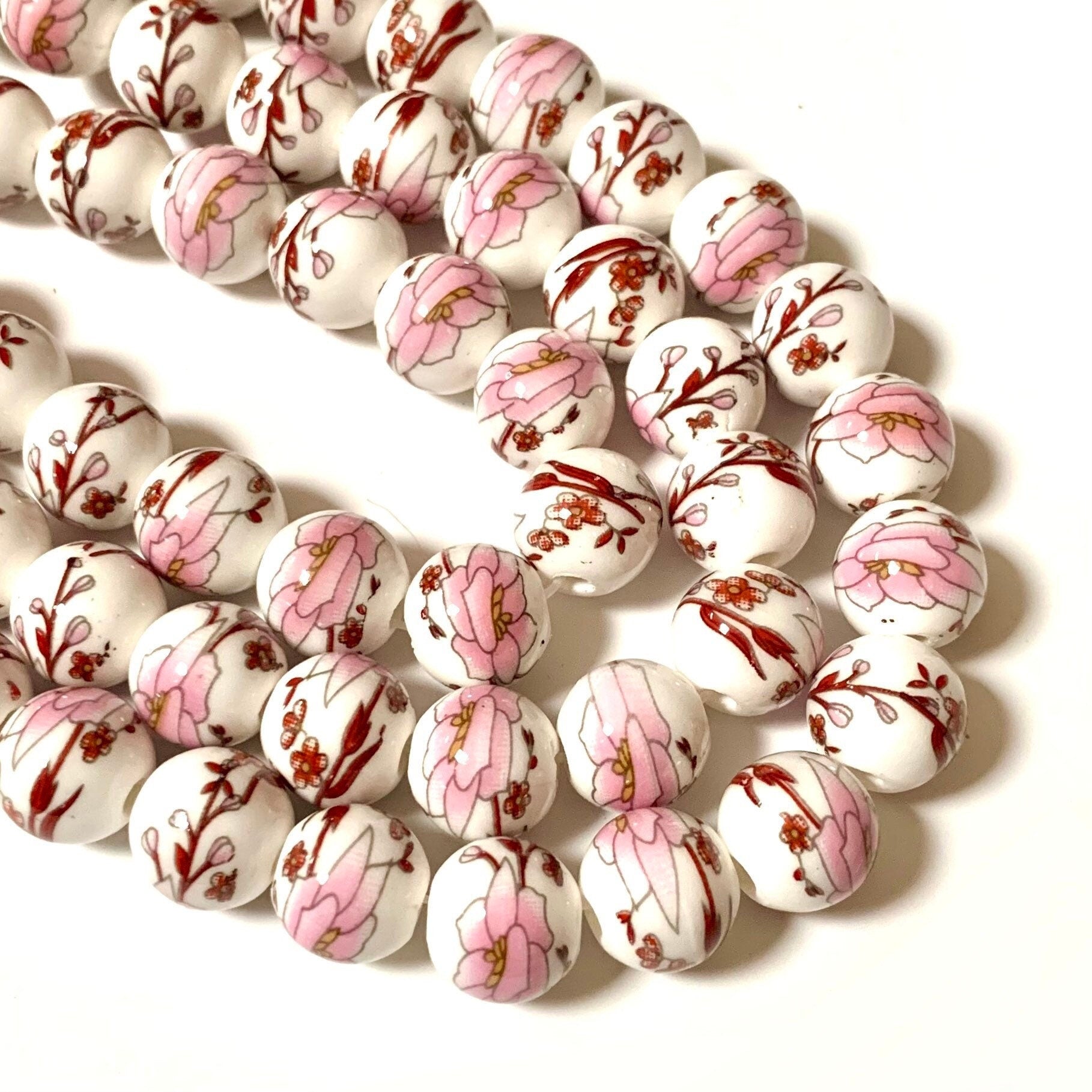 10 Ceramic Cherry Blossom Beads - 10mm