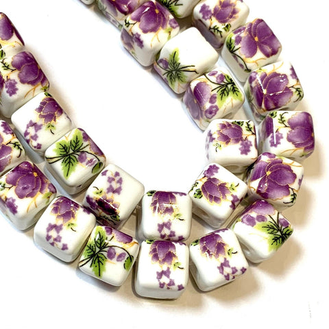 6 Ceramic Square Beads - 9mm Purple Floral Ceramic Beads