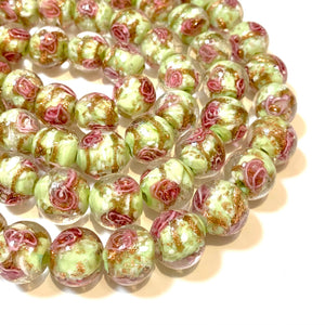 2 pcs - 12mm Handmade Lamp work Beads - Light Green with Pink Swirls and Gold Sand