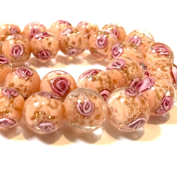 2 pcs - 12mm Handmade Glass Lampwork Beads - Light Salmon with Pink Swirls and Gold Sand