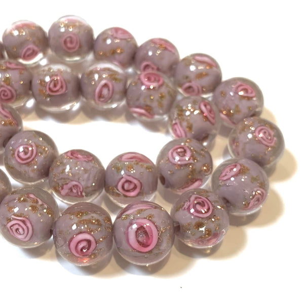 2 pcs - 12mm Handmade Lamp work Beads - Lilac with Pink Swirls and Gold Sand