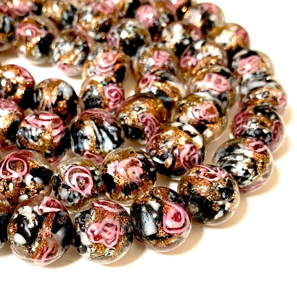 2 pcs - 12mm Handmade Lamp work Beads - Black with Pink Swirls and Gold Sand
