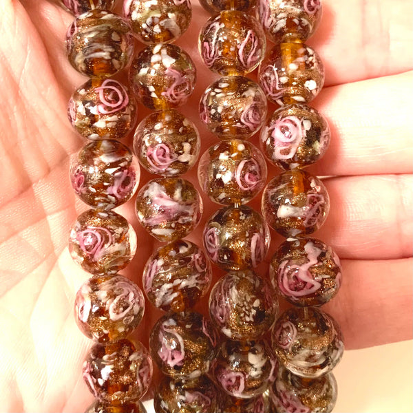 2 pcs - 12mm Handmade Lamp work Beads - Brown with Pink Swirls and Gold Sand