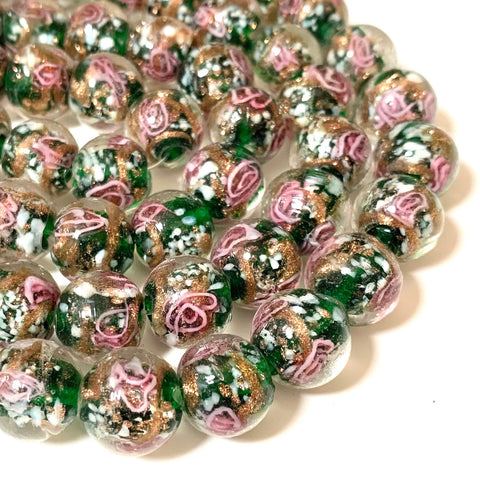 2 pcs - 12mm Handmade Lamp work Beads - Dark Green with Pink Swirls and Gold Sand