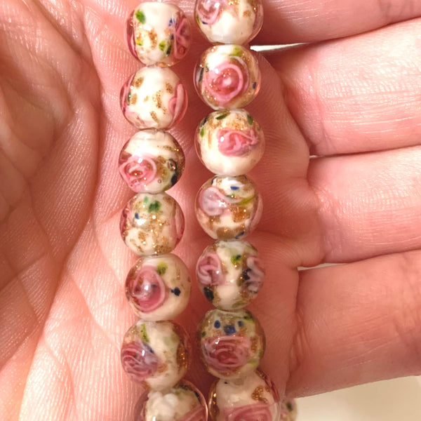10 Handmade Lampwork Beads - 8mm Creamy White with Pink Swirls and Gold Sand