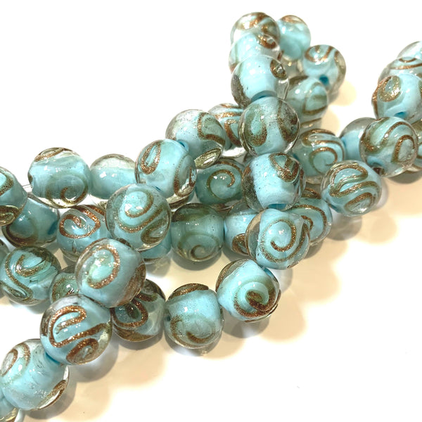 2pcs -12mm Lampwork Beads - Handmade Glass Beads - Pale Blue with Shimmery Gold Swirls