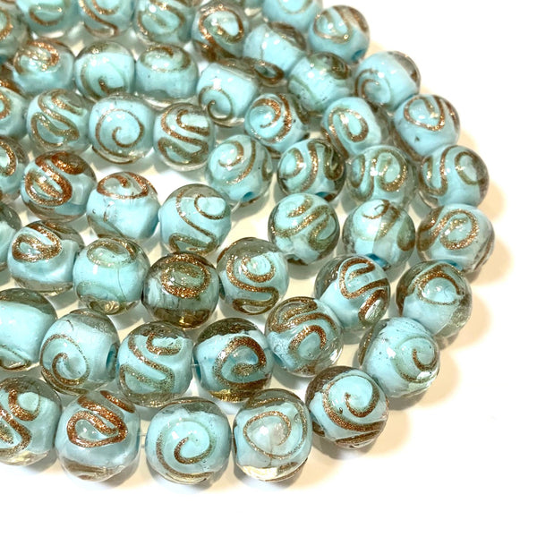 2pcs -12mm Lampwork Beads - Handmade Glass Beads - Pale Blue with Shimmery Gold Swirls