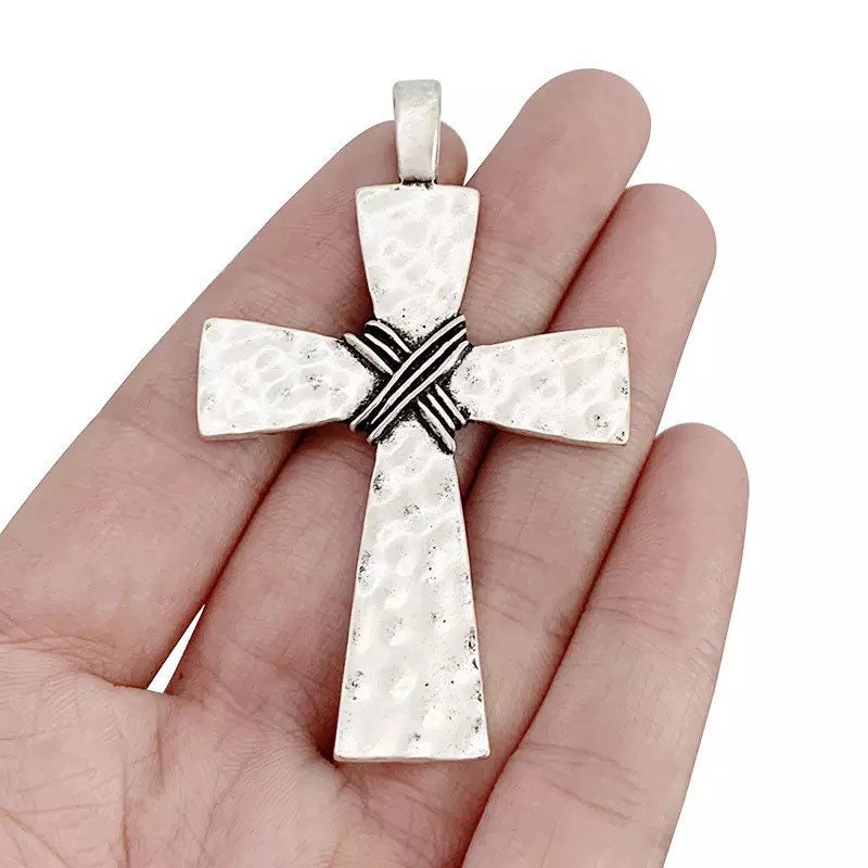 Large Hammered Rope Cross Pendant - Antique Silver