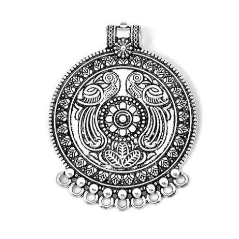 Connector Pendant - Bohemian Tribal/Ethnic Embossed Birds and Flowers - Antique Silver
