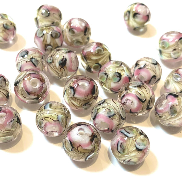 2 pcs - 12mm Handmade Lamp work Beads - White, Pink, and Brown Floral