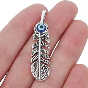 2 Feather Charms with Blue Turkish Eye Glass Inlays - Tibetan Silver