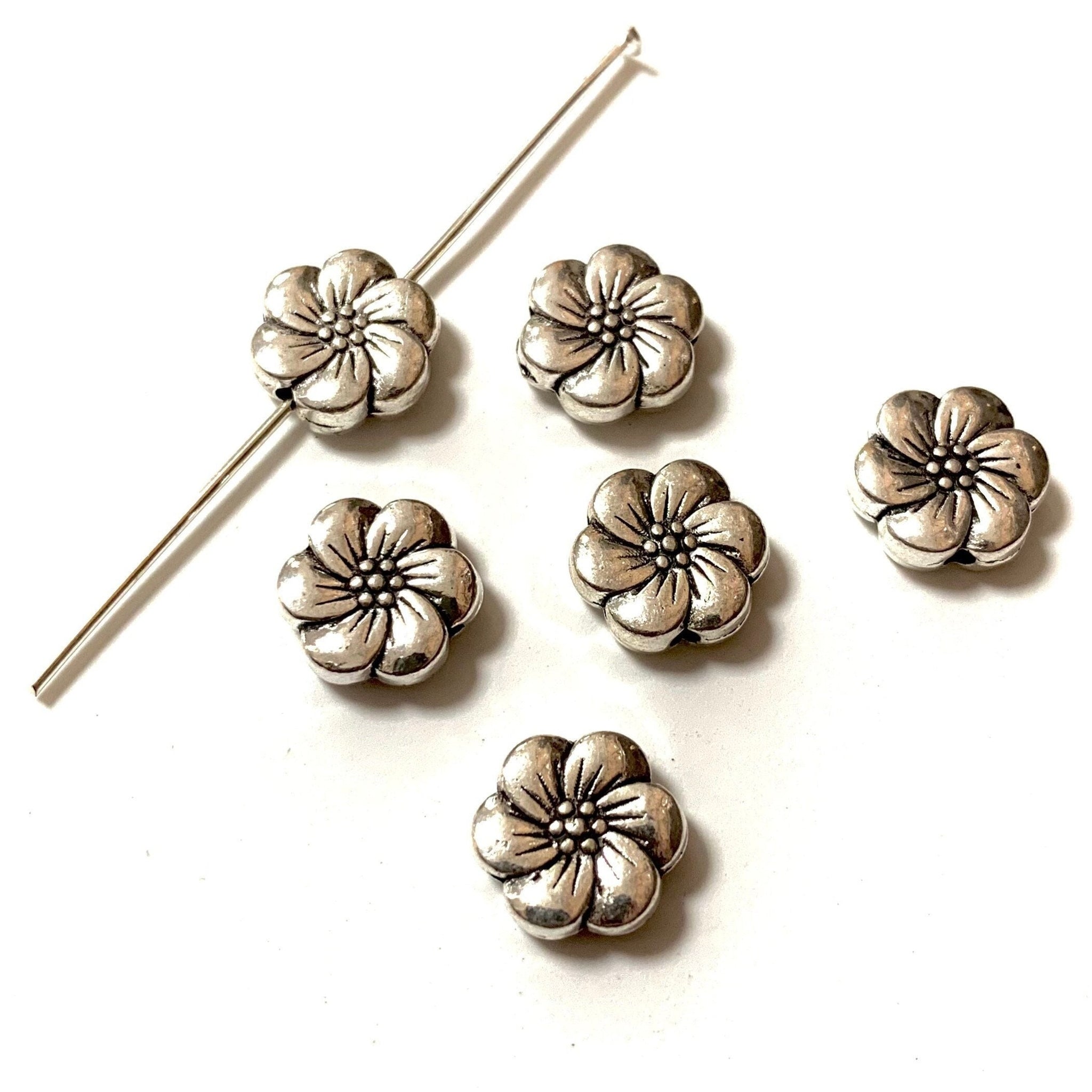 10 Flower Spacer Beads - Double Sided - Antique Silver