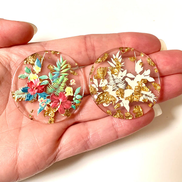 4 Floral Resin Charms with Gold Foil -  3D Printed, Transparent Flower Charms - Flat, Round with Hole