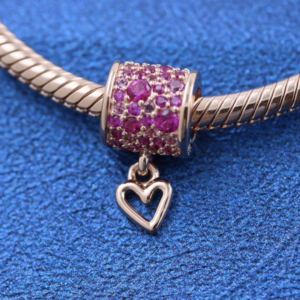 Pave Freehand Heart Barrel Charm - 14k Rose Gold Plated - Fits Pandora Charm Bracelets