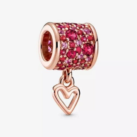 Pave Freehand Heart Barrel Charm - 14k Rose Gold Plated - Fits Pandora Charm Bracelets