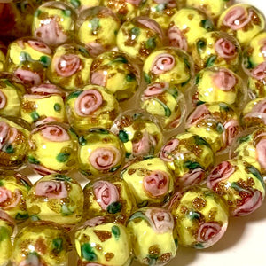5 Handmade Lampwork Beads - 8mm Yellow with Pink Swirls and Gold Sand