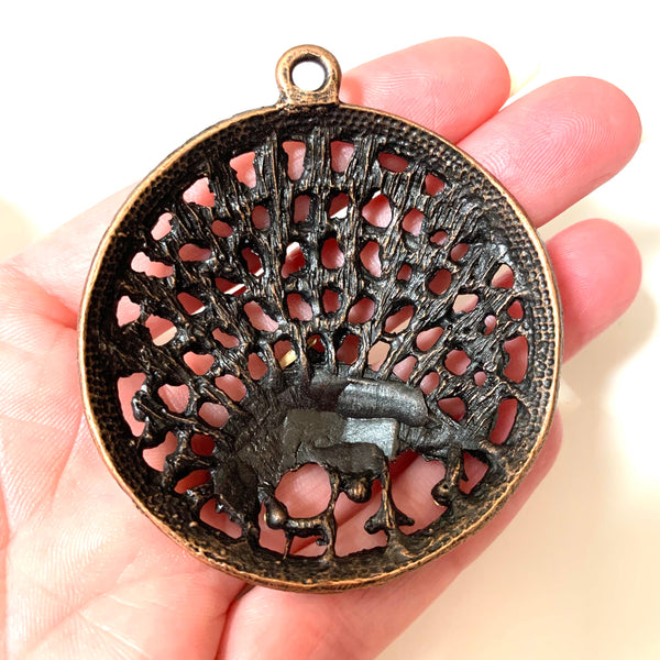 Peacock and Rhinestone Pendant - Antique Copper Finish