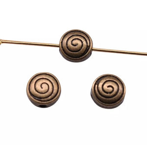 5 Spacer Beads - Swirl/Spiral Design - 8mm Flat Round Beads - Antique Bronze