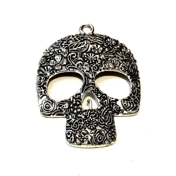 XL Sugar Skull Pendant - Tibetan Style Skull Pendant - Day of the Dead - Antique Silver