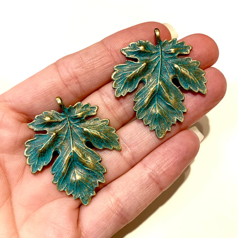 2 Large Maple Leaf Pendant - Antique Bronze and Green Patina Finish