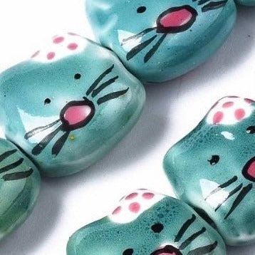 5 Ceramic Cat Beads - Hand Painted Bluish Green Cat Beads - Handmade Beads