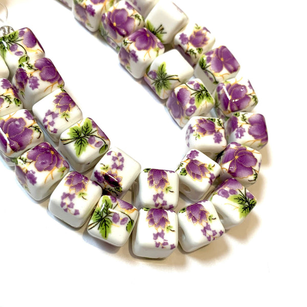 6 Ceramic Square Beads - 9mm Purple Floral Ceramic Beads