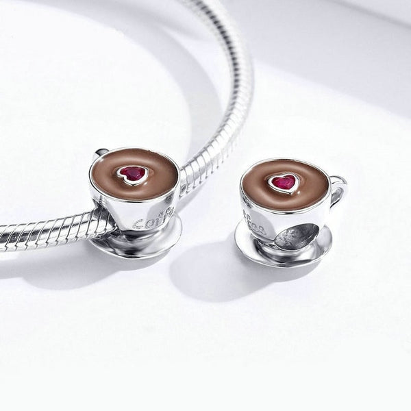 925 Sterling Silver - Coffee Cup Charm with Red CZ Heart - Fits Pandora Charm Bracelets