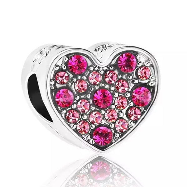 925 Sterling Silver - Heart Charm with Dark Pink and Light Pink CZs - Fits Pandora Charm Bracelets