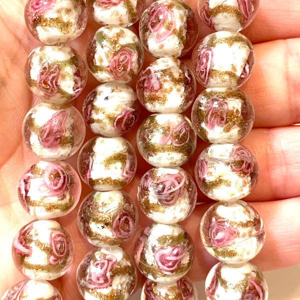 2 pcs - 12mm Handmade Lamp work Beads - White with Pink Swirls and Gold Sand