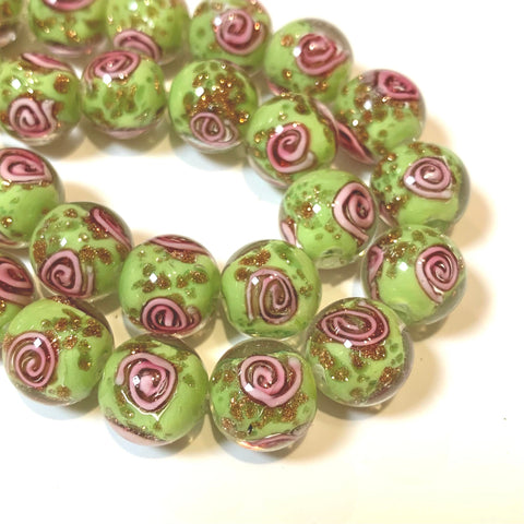 2 pcs - 12mm Handmade Lamp work Beads - Green with Pink Swirls and Gold Sand