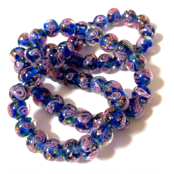 5 pcs - 8mm Handmade Lampwork Beads - Dark Blue with Pink Swirls and Gold Sand
