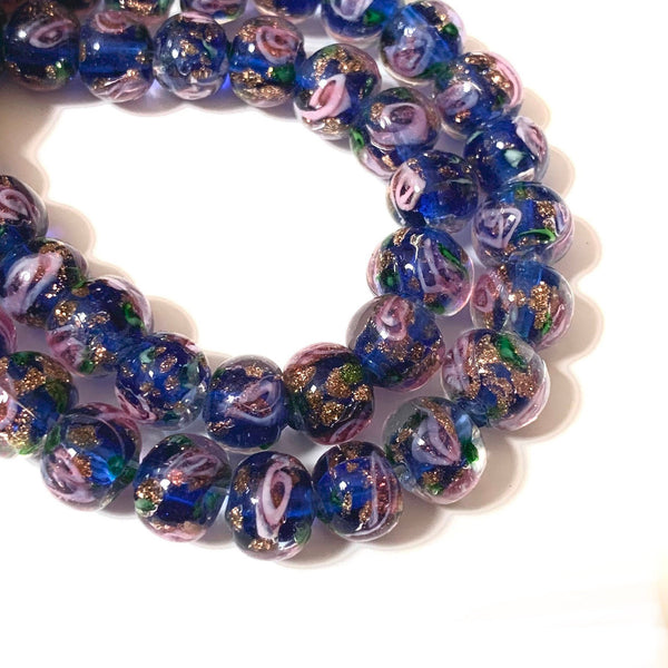 5 pcs - 8mm Handmade Lampwork Beads - Dark Blue with Pink Swirls and Gold Sand