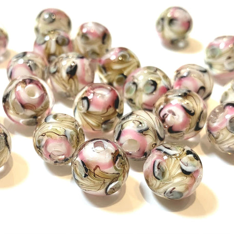 2 pcs - 12mm Handmade Lamp work Beads - White, Pink, and Brown Floral