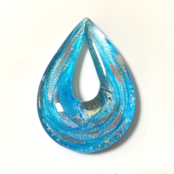 Gold Sand Lampwork Pendant - Handmade, aqua blue with gold accents - Drop Pendant - Teardrop Pendant